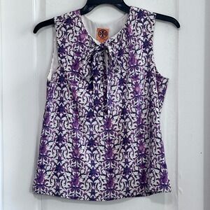 Tory Burch Floral Silk Blend Sleeveless‎ Bow Neck Top Womens Size 8 Purple White
